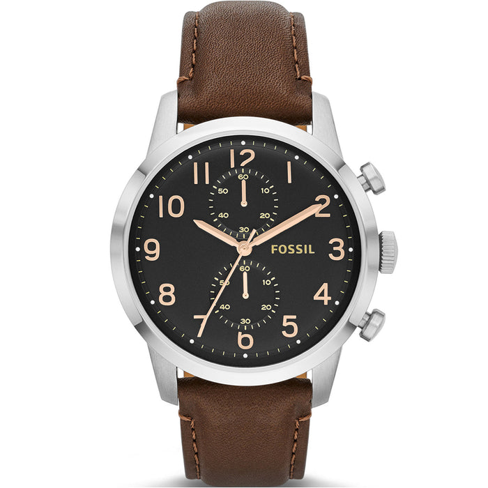 Fossil Men's Townsman Chronograph Stainless Watch - Brown Leather Strap - Black Dial - FS4873