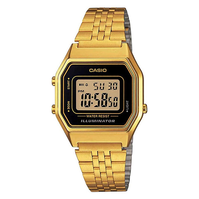 Casio Womens Mid-Size Black Dial Gold Tone Digital Retro Quartz Watch - LA680WGA-1DF
