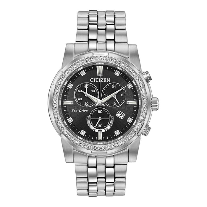 Citizen Mens Eco-Drive Black Dial Silver Band Corso Swarovski Crystal Watch - AT2450-58E