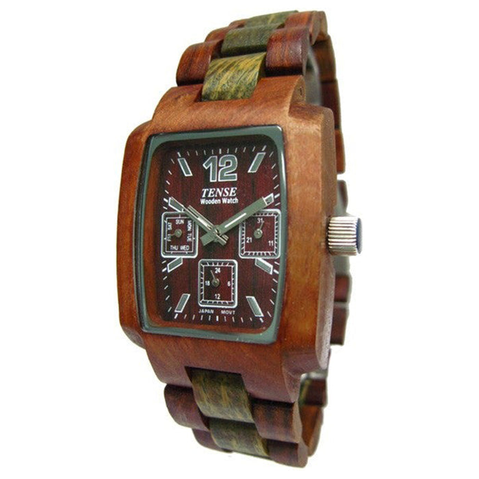 Tense Wood Men's Rectangle Sandalwood Wood Watch - Two-tone Bracelet - Dark Dial - J8302SG