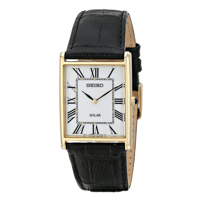 Seiko Mens Solar Stainless Steel Case Black Leather White Dial Gold Watch - SUP880