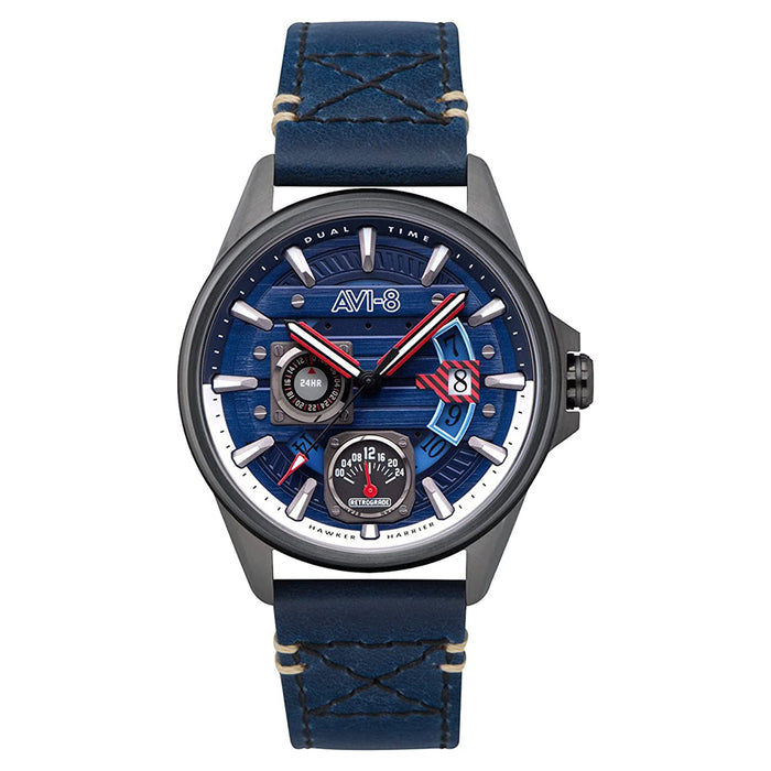 AVI-8 Men's Blue Dial Leather Band Hawker Harrier Farley Multifunction Quartz Watch - AV-4098-03