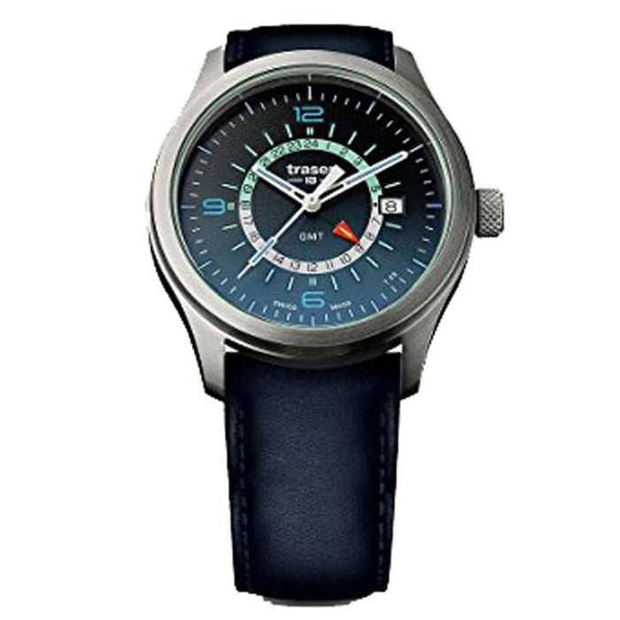 Traser H3 Aurora GMT Mens Leather Band Blue P59 Quartz Dial Watch - 107035