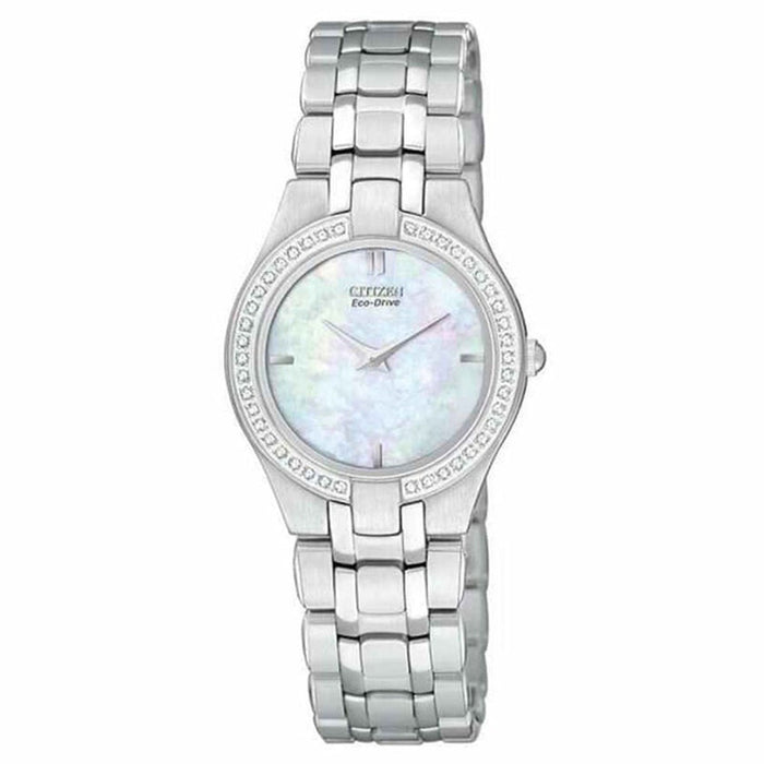 Citizen Womens Eco-Drive Stiletto Diamond Stainless Watch - Silver Bracelet - Pearl Dial - EG3150-51D