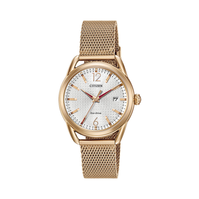 Citizen Eco Drive Womens Rose Gold Stainless Steel Case White Dial Mesh Bracelet Watch - FE6083-72A