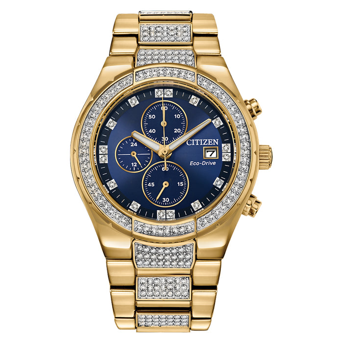Citizen Mens Eco-Drive Crystal Blue Dial Yellow Gold Chronograph Stainless Steel Bracelet Watch - CA0752-58L
