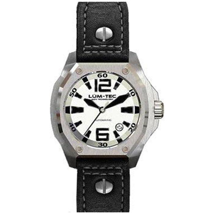 Lum-Tec Mens V-Series Automatic Analog Stainless Watch - Black Leather Strap - White Dial - LTV5