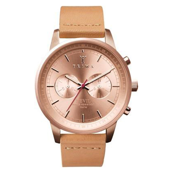 Triwa Womens Rose Tan Nevil Chronograph Stainless Watch - Tan Leather Strap - Rose Gold Dial - NEST105