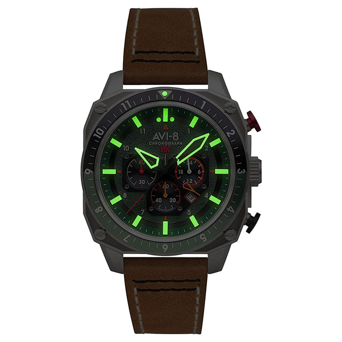 AVI-8 Men's Green Dial Brown Leather Band Hawker Hunter Atlas Chronograph Forest Quartz Watch - AV-4100-01