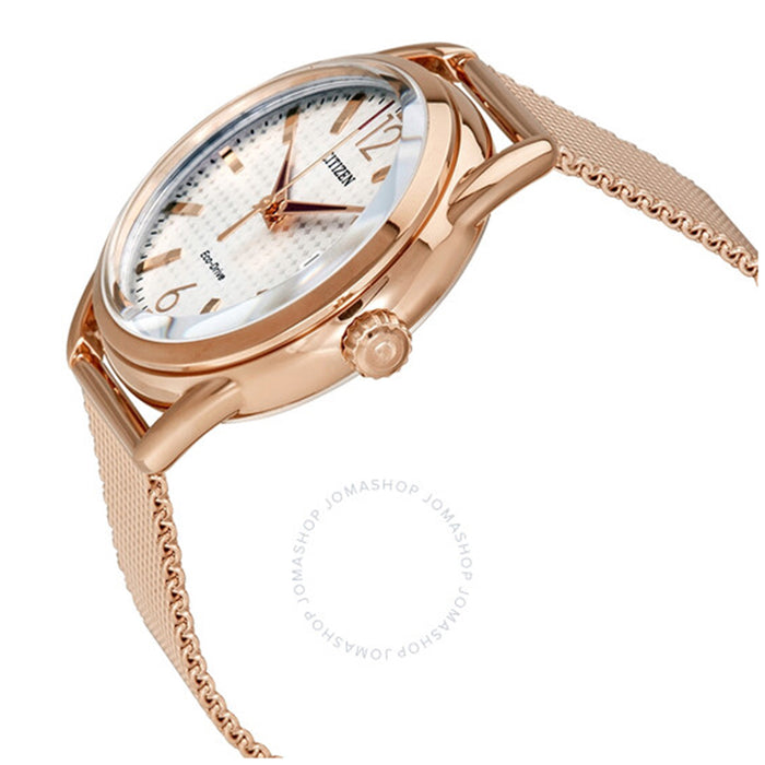 Citizen Eco Drive Womens Rose Gold Stainless Steel Case White Dial Mesh Bracelet Watch - FE6083-72A