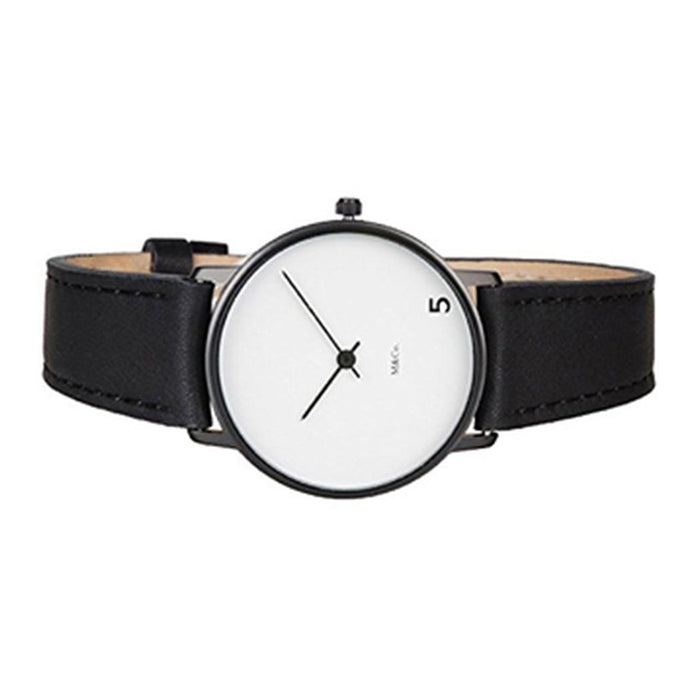 Projects Unisex 5 O'Clock Stainless Watch - Black Leather Strap - White Dial - 7404