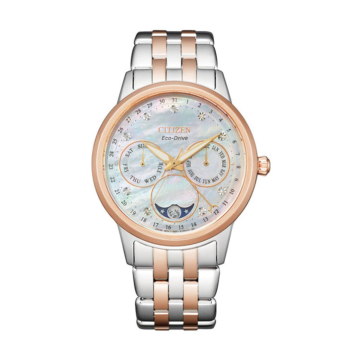 Citizen Womens Eco-Drive Calendrier Diamond Two-Tone Steel Bracelet Chronograph Mother-of-Pearl Dial Watch - FD0006-56D