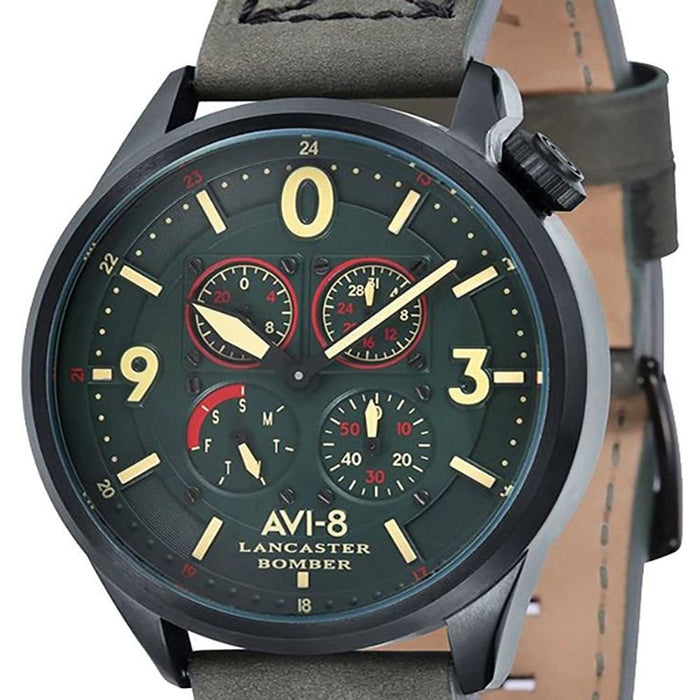 AVI-8  Mens Green Leather Band Stainless Steel Case Quartz Dial Lancaster Bomber Watch - AV-4050-04