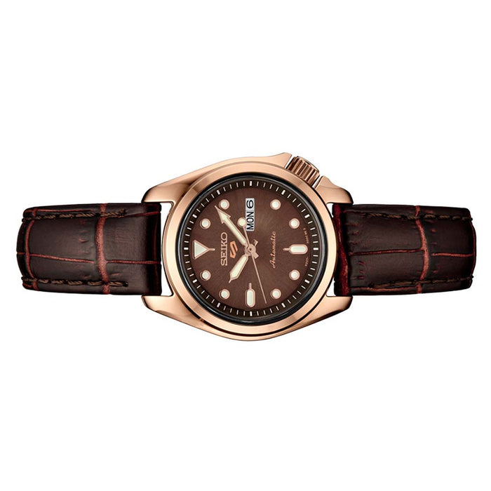 Seiko Men's Rose Gold Dial Brown Leather Band Automatic Watch - SRE006