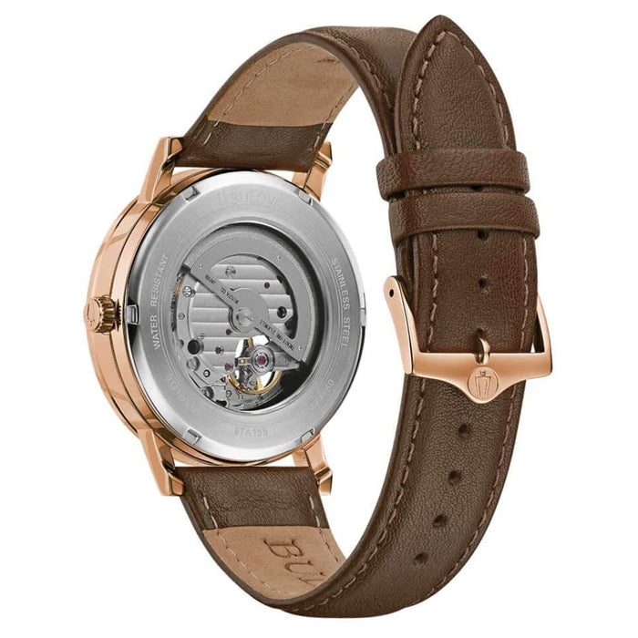 Bulova Mens American Clipper Automatic Brown Leather Band Rose Gold Finish Watch - 97A155