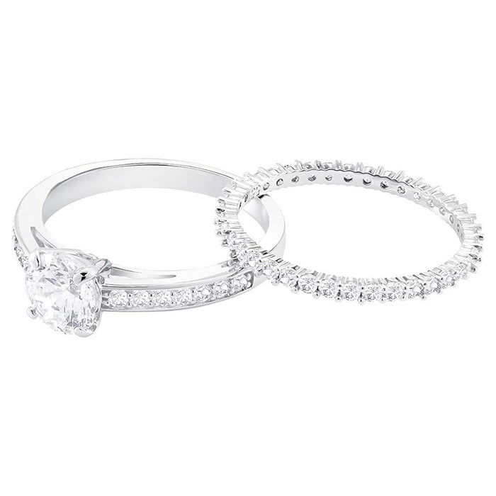 Swarovski Womens Attract Set Round Clear Crystal Center Stone Clear Crystal Rhodium Plated Second Stackable Size 6 Ring - SV-5184979