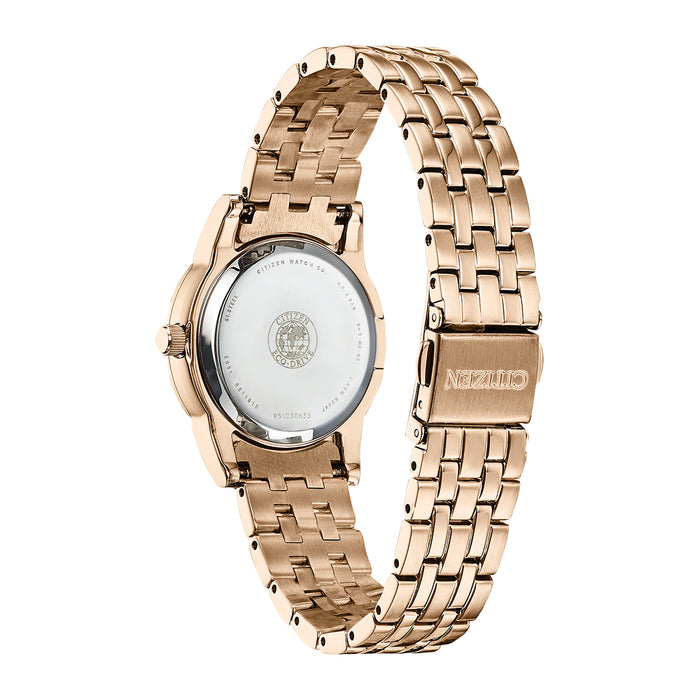 Citizen Womens Eco-Drive White Dial Rose Gold Band Silhouette Crystal Stainless Steel Watch - EM0773-54D