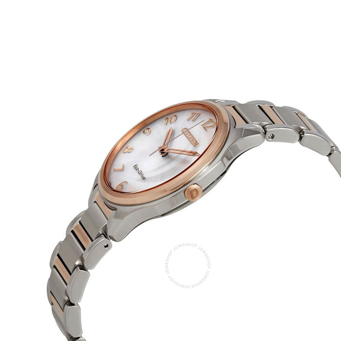 Citizen Eco-Drive Womens Silver/Rose Gold Stainless Steel Band Silver Quartz Dial Watch - EM0756-53A