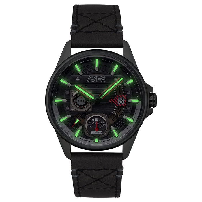 AVI-8 Men's Black Dial Grey Leather Band Hawker Harrier Farley Multifunction Quartz Watch - AV-4098-04