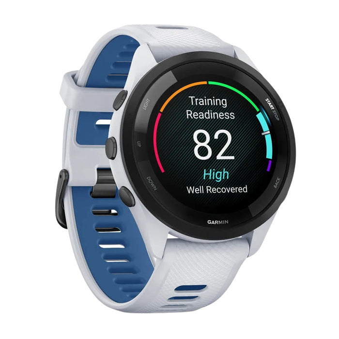 Garmin Forerunner 265 Whitestone Tidal Blue Silicone Band AMOLED Display Training Metrics and Recovery Insights Running Smartwatch - 010-02810-01