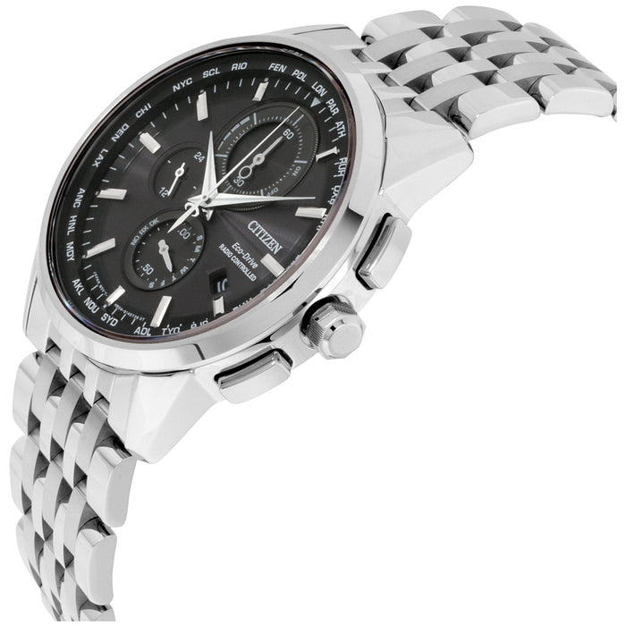 Citizen Eco-Drive Mens World Chronograph Stainless Steel Case and Bracelet Black Dial Silver Watch - AT8110-53E