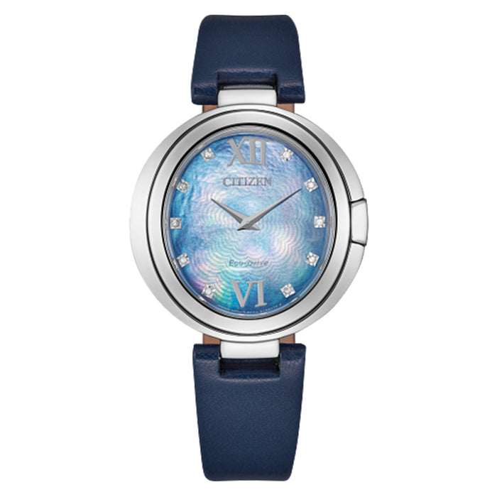 Citizen Womens Eco-Drive Oval Mother-of-Pearl Dial Capella Blue Leather Strap Watch - EX1510-08N