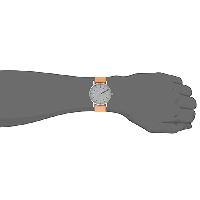 Skagen Mens Signatur Stainless Steel Gray Dial Brown Leather Calfskin Strap Quartz Watch - SKW6373