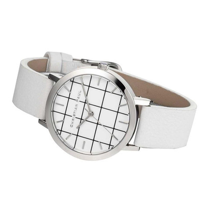 Christian Paul Unisex Stainless Steel White Leather Band White Dial Round Grid Watch - GRL-03