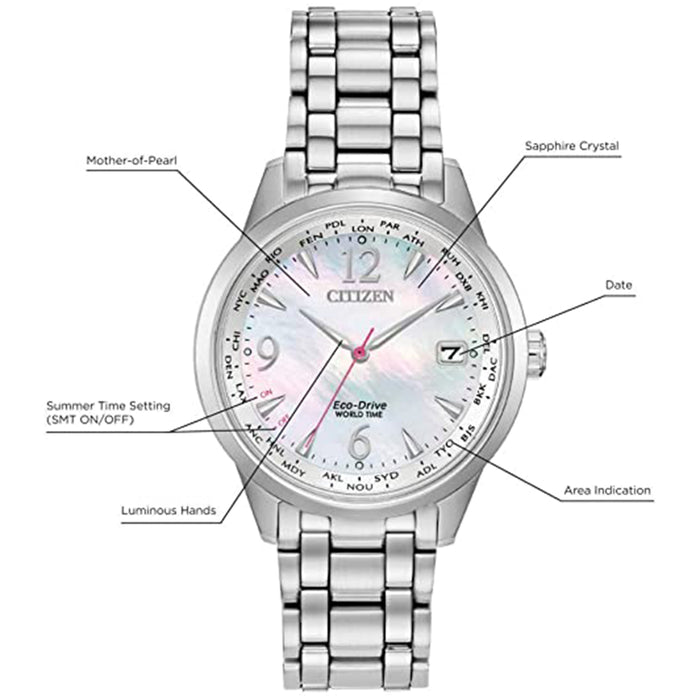 Citizen Womens Eco-Drive World Time Silver Stainless Steel Bracelet White Mother-of-Pearl Dial Analog Watch - EW2550-55D
