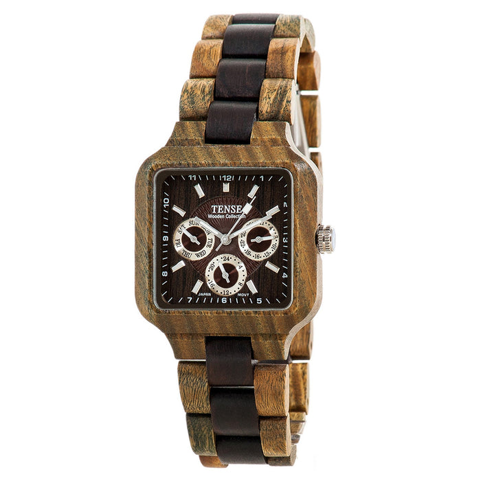 Tense Mens Multifunction Natural Wood Case and Bracelet Multi-Eye Brown Dial Green Dark Sandalwood Watch - B7305GD-W