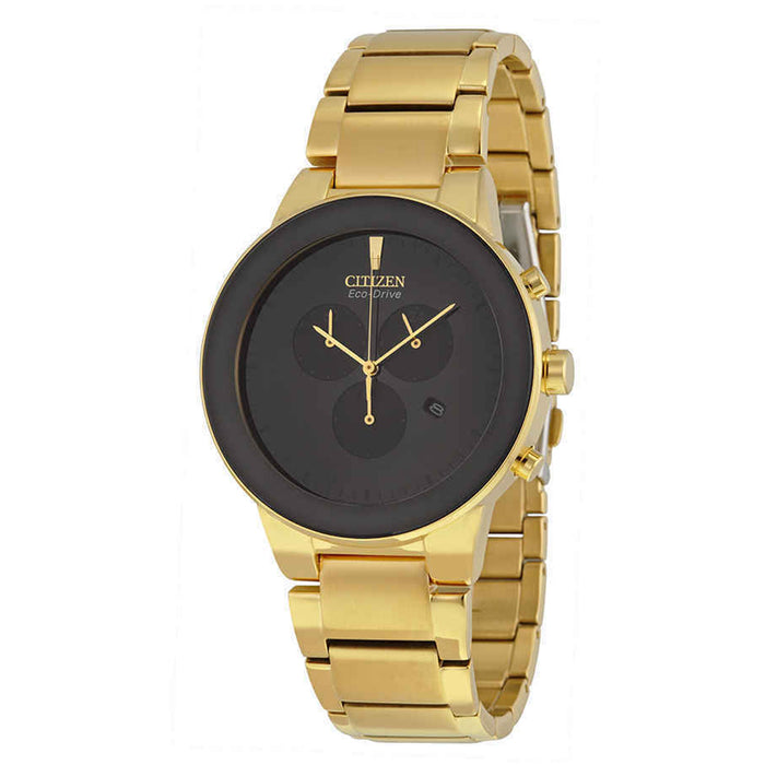 Citizen Mens Black Dial Gold Band Stainless Steel Quartz Watch - AT2242-55E