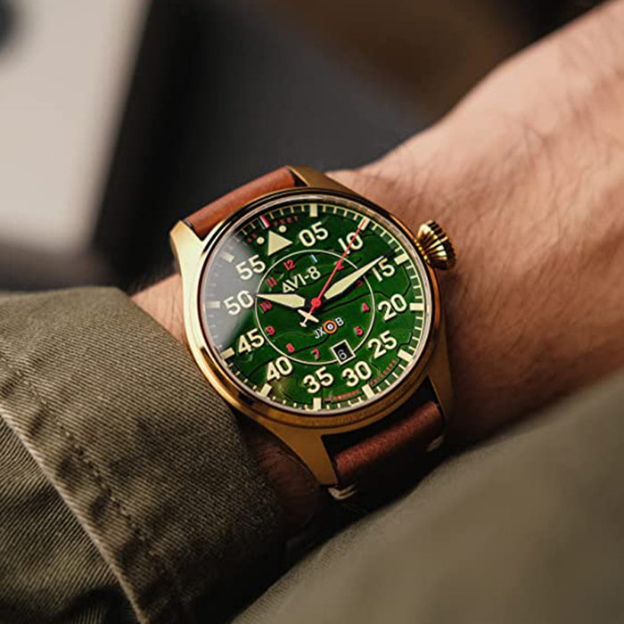 AVI-8 Men's Green Dial Brown Leather Band Hawker Hurricane Clowes Japanese Automatic Pilot Watch - AV-4097-04