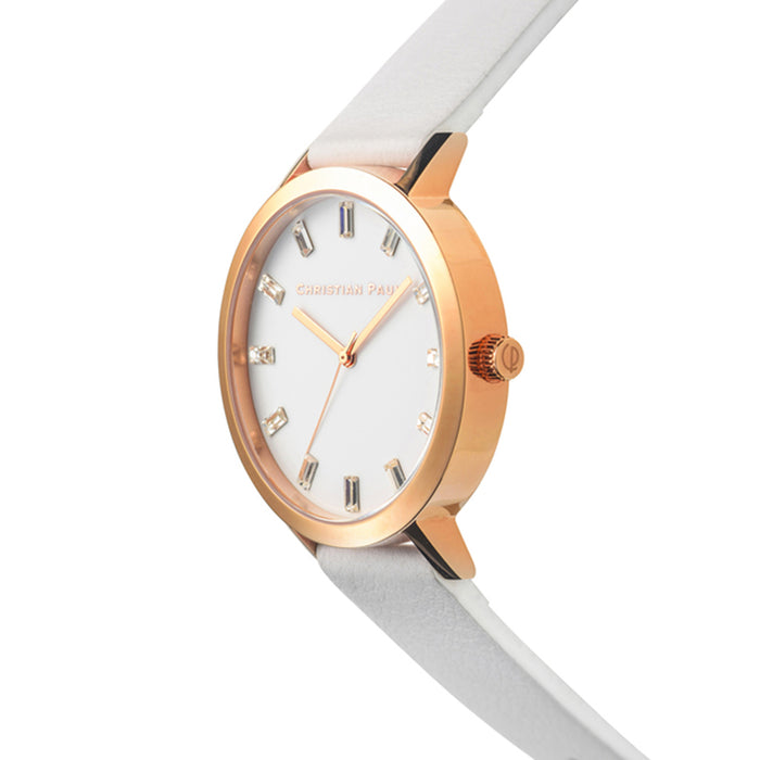 Christian Paul Womens Rose Gold Stainless Steel White Leather Band White Dial Round Watch - SW-03