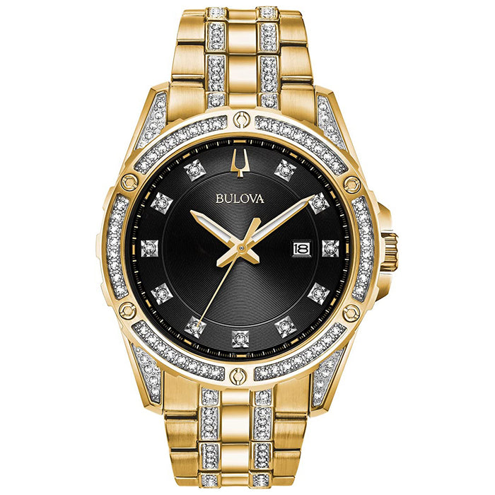 Bulova Men's Crystal Gold-Tone Stainless Steel with Black Dial Quartz Watch Box Set - 98K107