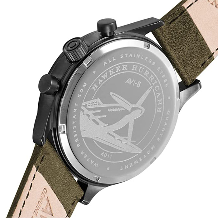 AVI-8 Mens Grey Dial Green Leather Band Japanese Quartz Watch - AV-4011-0E