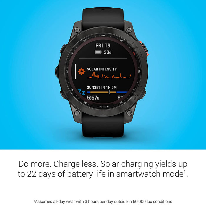 Garmin fenix 7 Solar Edition Slate Gray with Black Band Solar Charging Capabilities Rugged Outdoor GPS Touchscreen adventure smartwatch - 010-02540-10