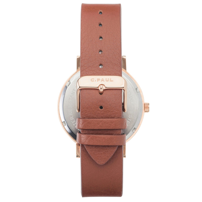 Christian Paul Unisex Stainless Steel Rose Gold Brown Leather Band White Dial Round Watch - GR-06