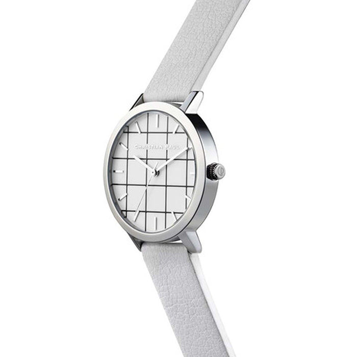 Christian Paul Unisex Stainless Steel White Leather Band White Dial Round Grid Watch - GRL-03