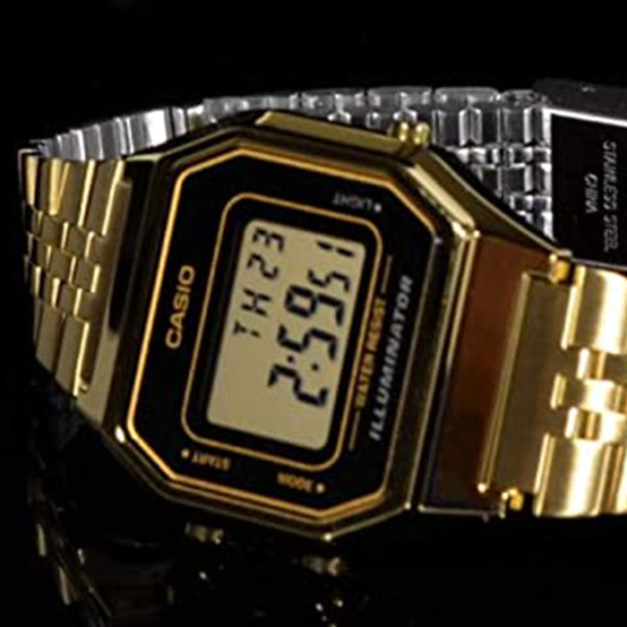 Casio Womens Mid-Size Black Dial Gold Tone Digital Retro Quartz Watch - LA680WGA-1DF