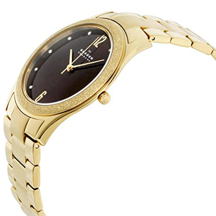 Skagen Womens Crystals Brown Dial Gold Stainless Steel Watch - SKW2108