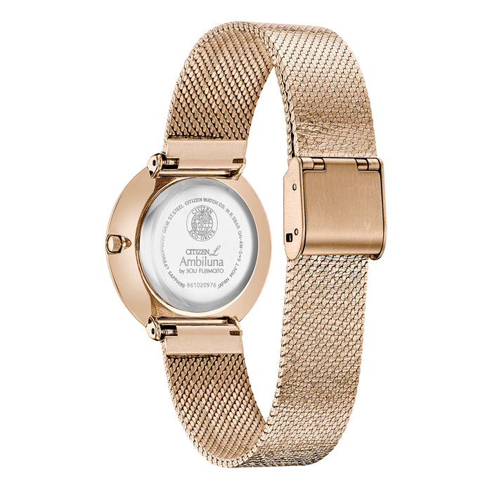 Citizen Womens Rose Gold Tone Stainless Steel Bracelet Band Gold Quartz Dial Watch - EM0643-50X