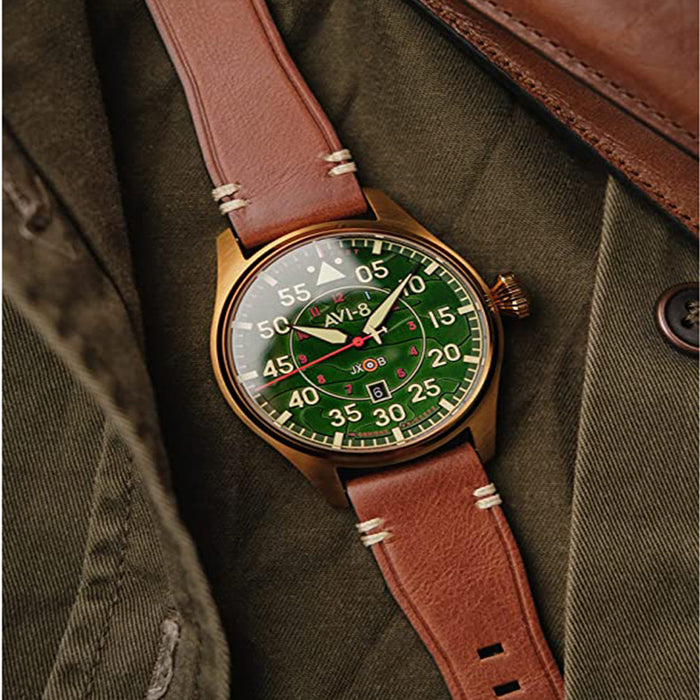AVI-8 Men's Green Dial Brown Leather Band Hawker Hurricane Clowes Japanese Automatic Pilot Watch - AV-4097-04