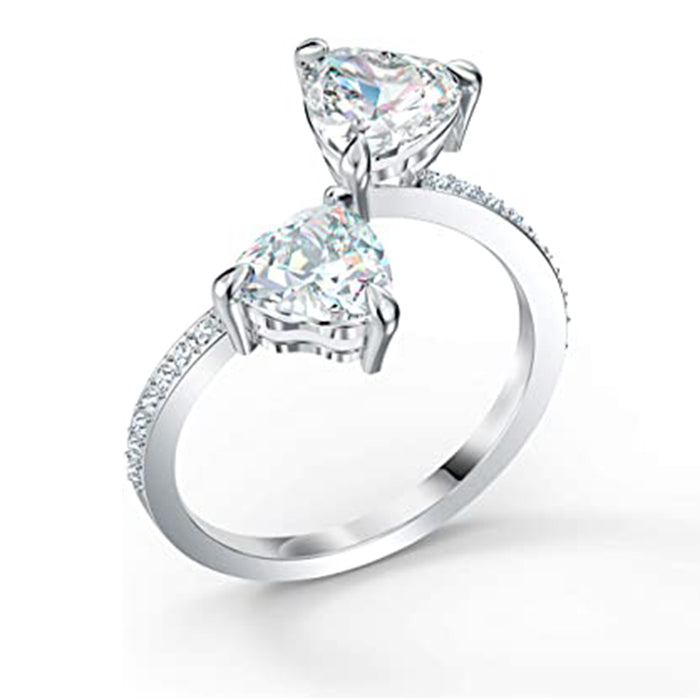 SWAROVSKI Womens Rhodium Finish Clear Crystals Collection Attract Soul Double Heart Ring -SV-5535191