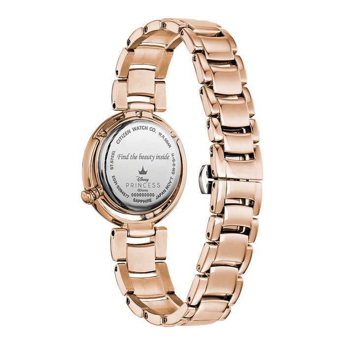 Citizen Women's Eco-Drive Disney Belle Rose Gold Stainless Steel Bracelet White Analog Dial Quartz Watch - EM0823-58D