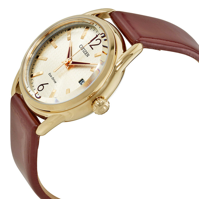 Citizen Eco Drive Womens Rose Gold Tone Burgundy Leather Strap Watch - FE6083-05P