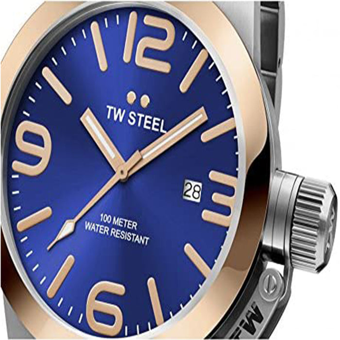 TW Steel Mens XXL Stainless Steel Case Canteen Bracelet Blue Dial Two-tone Watch - CB142