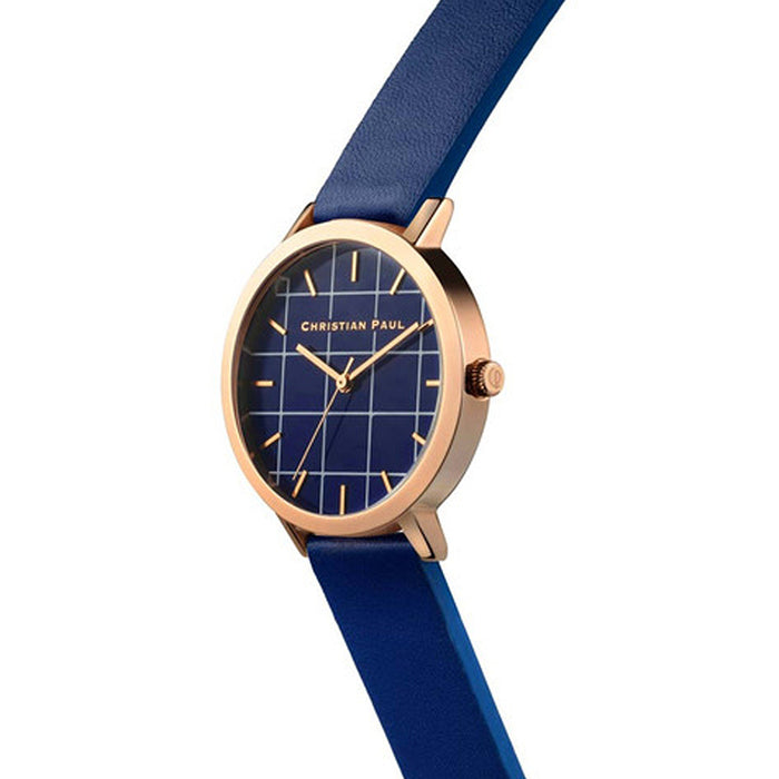 Christian Paul Unisex Rose Gold Stainless Steel Blue Leather Band Blue Dial Round Grid Watch - GRL-04