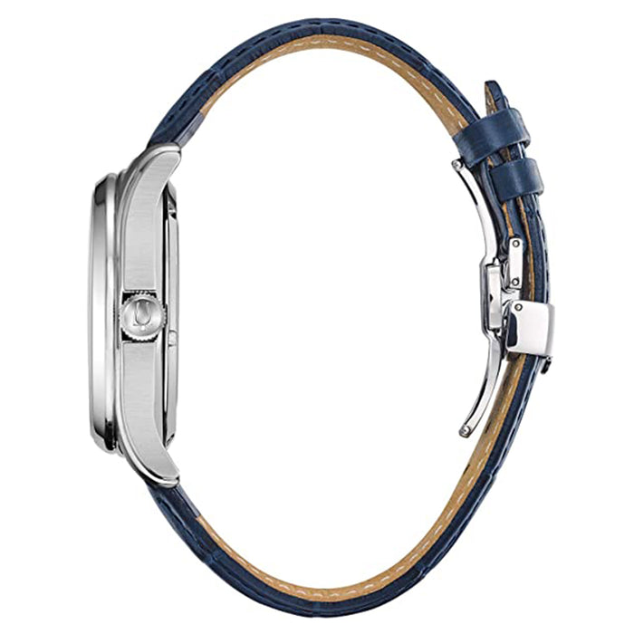 Bulova Womens Wilton Automatic Silver-White Dial Blue Leather Strap Watch - 96A206