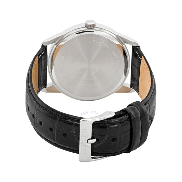 Citizen Mens Silver Stainless Steel Case Black Leather Strap White Dial Watch - BI5000-01A