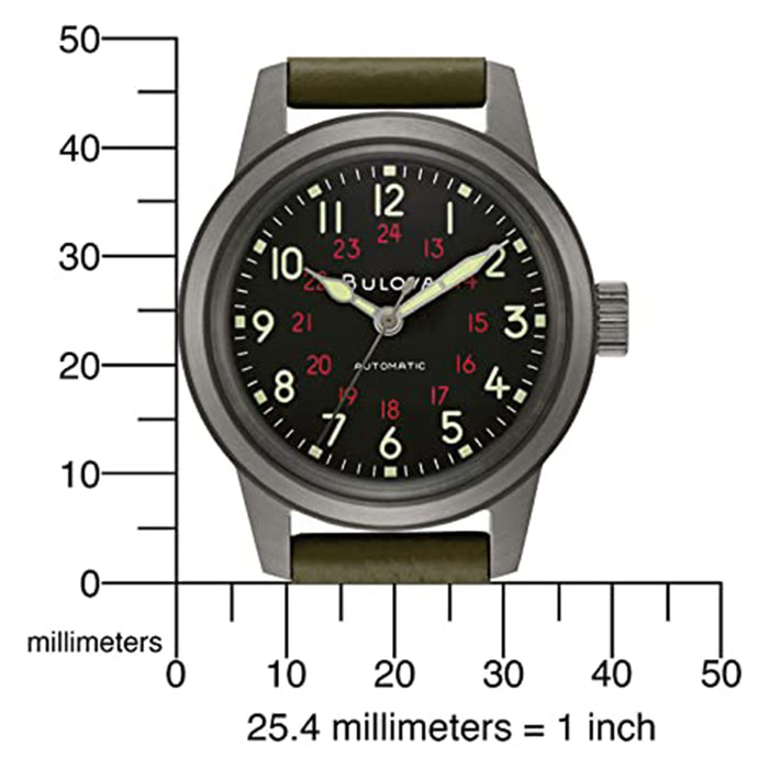 Bulova Mens Archive Military Black Dial Green Leather Strap Watch - 98A255